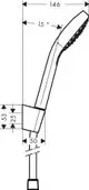 Hansgrohe Brauseset mit integriertem Halter und Handbrause, dargestellt in einer schematischen Zeichnung mit Maßen und einem 15° Neigungswinkel.